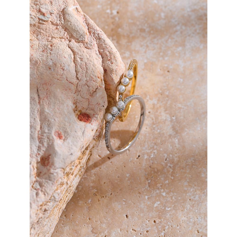 Yhpup 6789# Fashion Delicate Zircon Pearls Thin Exquisite Fairy Finger Charm Ring Stainless Steel High Quality Korean Jewelry