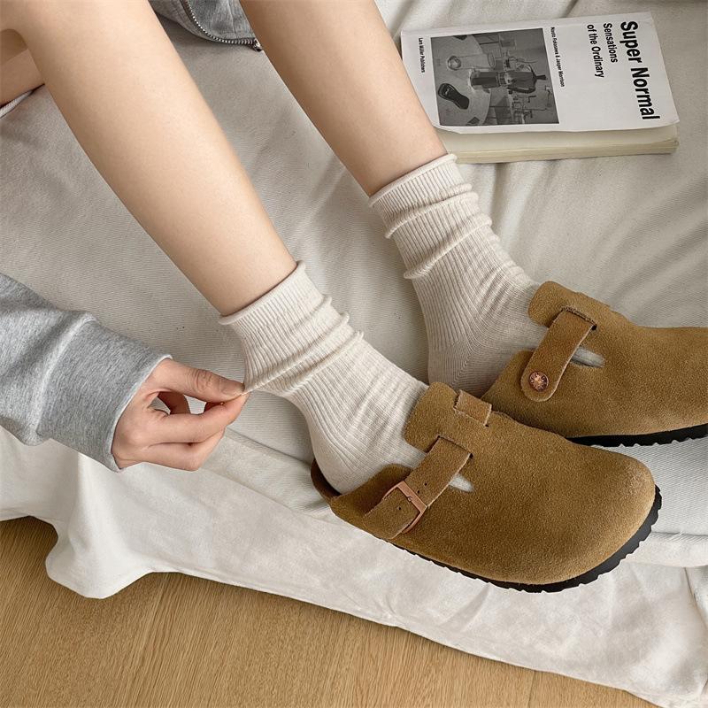 Закатанные носки-гольфы для женщин, весенне-осенние однотонные хлопковые носки до середины икры, бежевые простые и универсальные длинные носки, летние