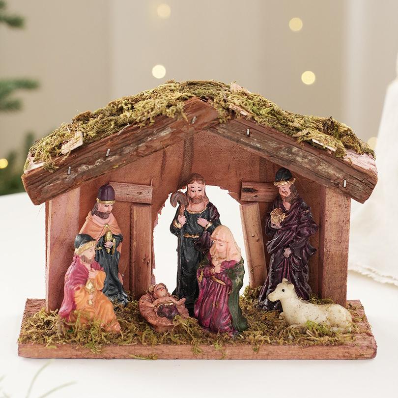 With Wooden Stable Christmas Nativity Figurines Advent Nativity Scene Mary Jesus Angel Wise Men Stable Animal Statues Home Decor