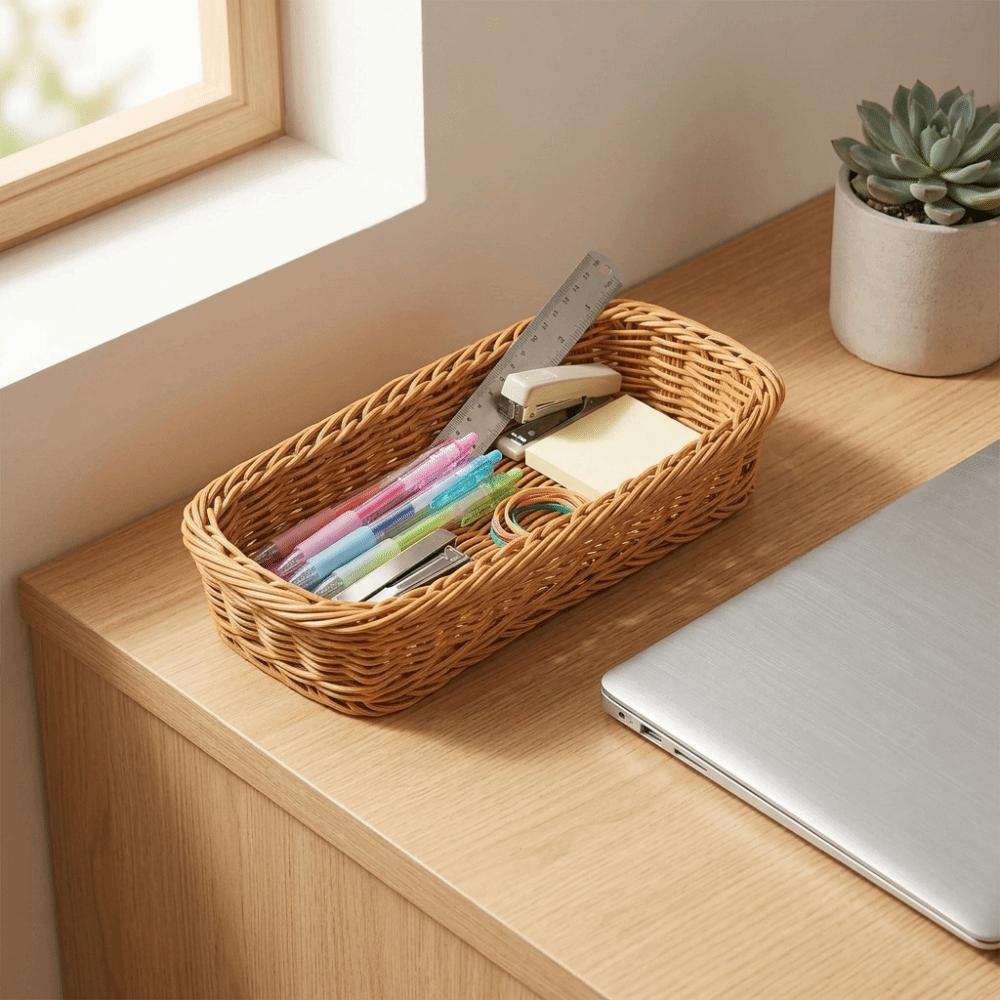 Rectangular Storage Basket Imitation Cane Woven Kitchen Basket Durable Flatware Holder Kitchen