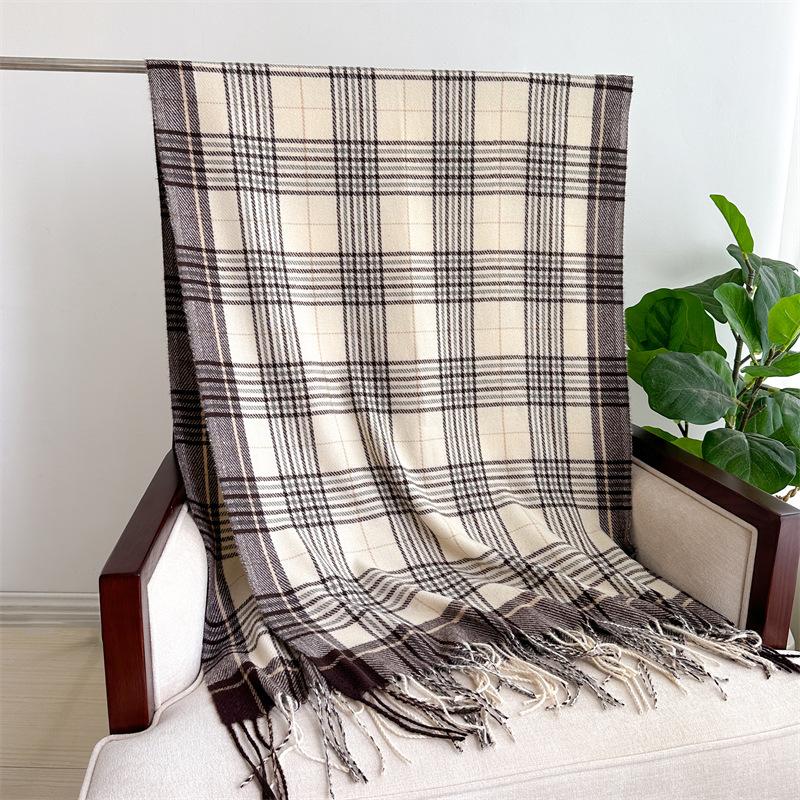 Клетчатый шарф из искусственного кашемира в корейском стиле, простой и универсальный теплый шарф, женская утолщенная шаль с бахромой