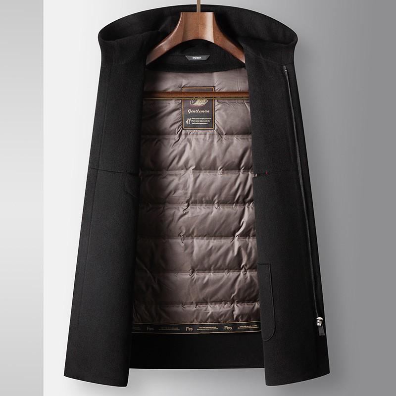 Mens Wool Blend Hooded Winter Coat With Removable Down Inner Liner Lightweight Warm Business Casual Outerwear
