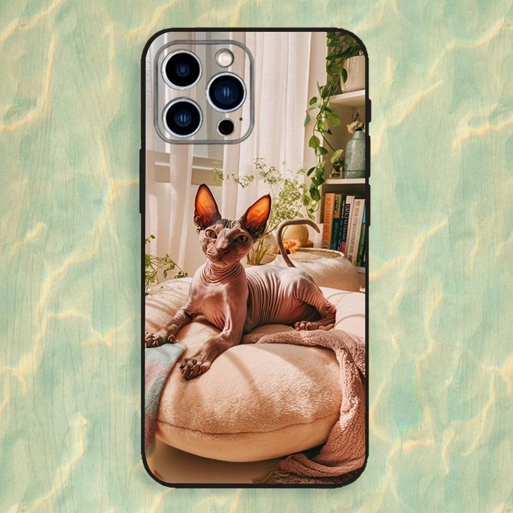 Animal Sphynx Cat Phone Case For iPhone 16,15,14,13,12,11 Plus,Pro Max,XS,X,XR,SE,Mini,8,7,Soft Silicone Black Cover