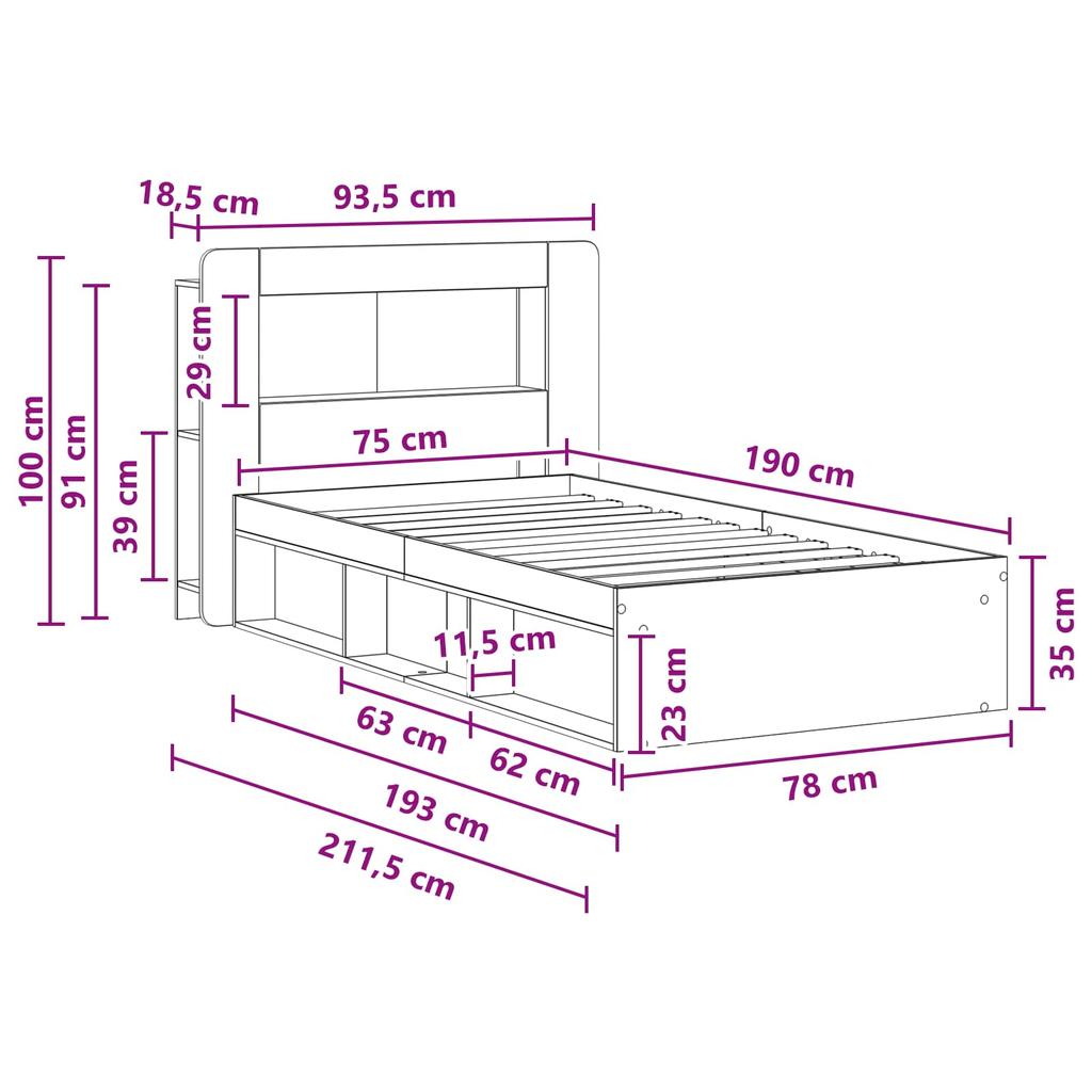 Bed Frame with Storage Space Reclaimed Wood Look 75 x 190 cm Wood Based Panel
