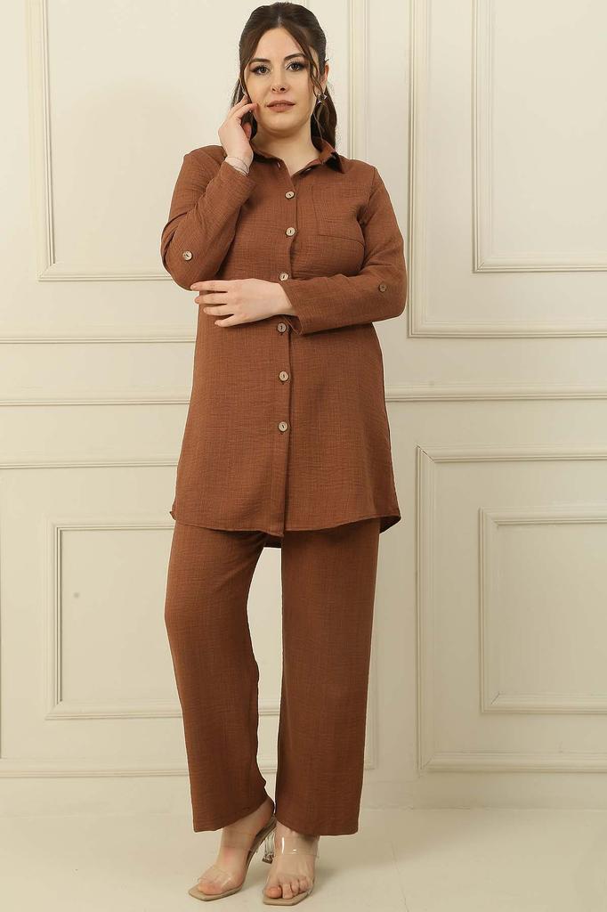 Single Pocket Sleeve Folded Shirt Elastic Waist Palazzo Trousers Linen Effect Large Size 2 Piece Set