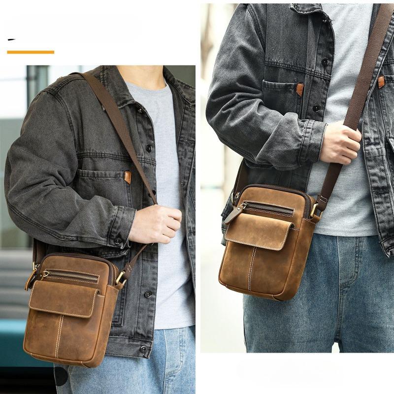 Genuine Leather Men's Shoulder Bag Premium Crazy Horse Leather Vintage Men's Outdoor Shoulder Straddle Bag