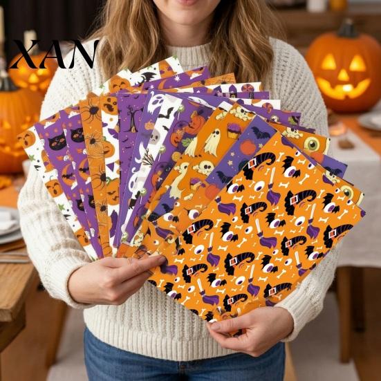 Dense Layout Scrapbook Paper 12 Sheets Halloween Set, 6x6in Double-Sided Craft Paper, Pumpkin Classic Elements Stickers Ghost Bat Pattern Decorative