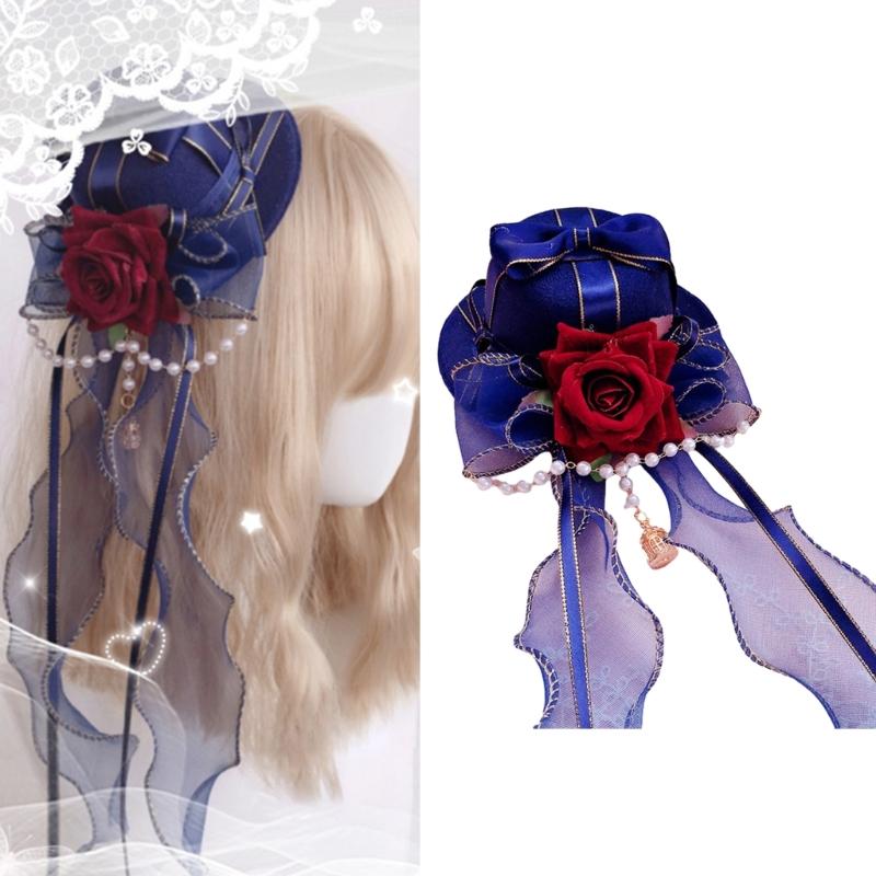 Gothic Lace Flat Top Hat with Veil Ribbon for Women Cosplay Party Costume Day of the Death Headpiece Holiday Accessories