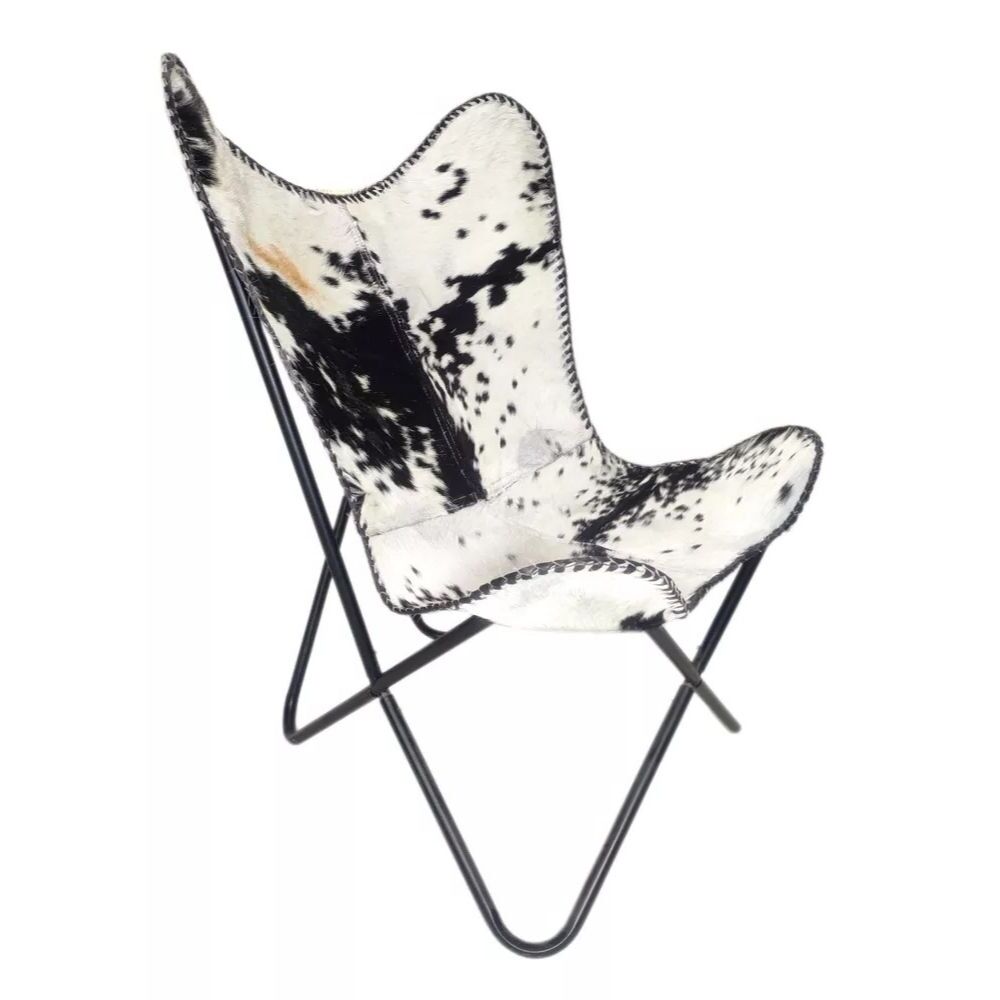 Черно-белое кожаное кресло-бабочка из воловьей кожи с подлокотниками и акцентом
