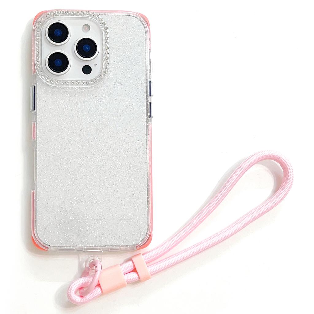 For iPhone 16 Pro Max Case Rhinestone Decor Glitter TPU Anti Drop Phone Cover with Adjustable Wrist Strap
