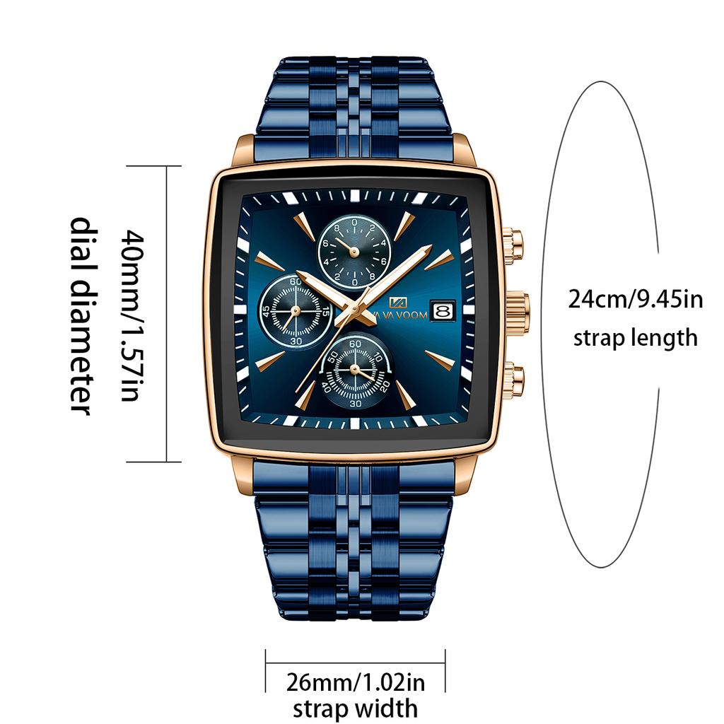 VA VA VOOM Brand Men Watch Multifunctional Luxury Night Light Timer Stainless Steel Strap 3Bar Waterproof Sports Quartz Watches