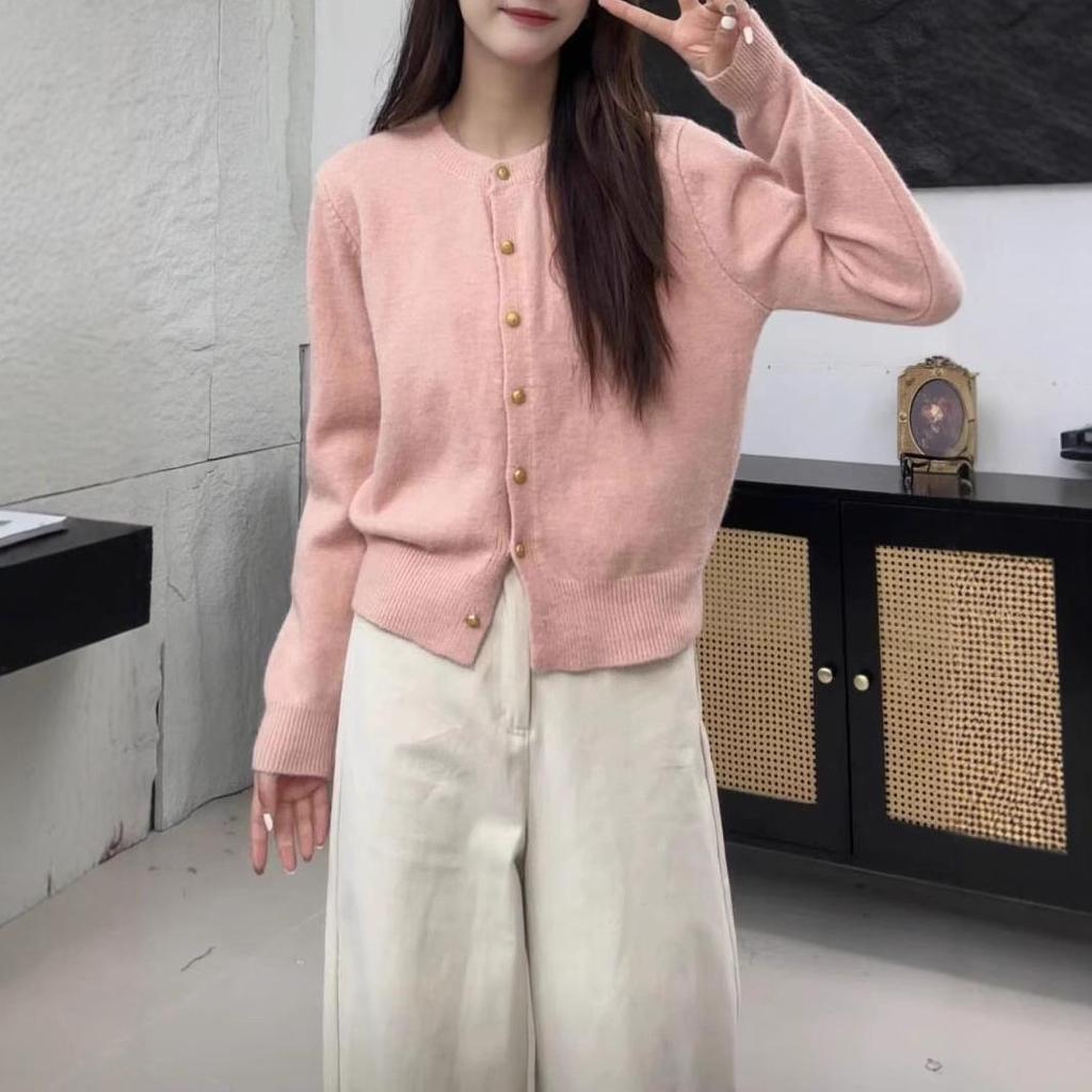 Highly Recommended! Women's Korean-Style Wool Knit Cardigan in Raspberry Color with Gold Buckle - Soft, Fluffy, High-End Sweater Coat.