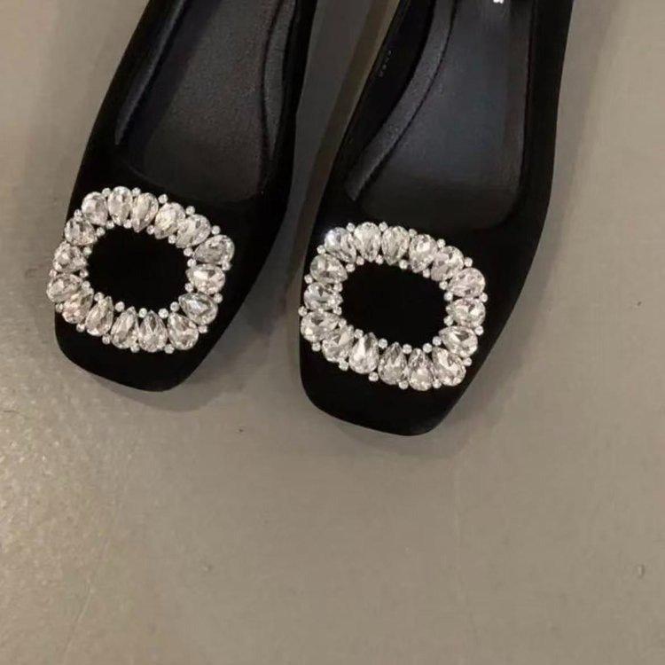 French thick black aesthetic rhinestone shallow mouth single shoes new spring thick heel ladyshoes flat Mary Jane shoes with skirt