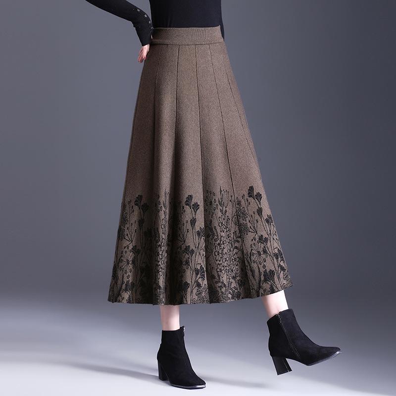 2025 Осень/Зима Цветочная Вязаная Шерстяная Юбка А-силуэта - Высокая Талия, Эластичная, Плотная Длинная Расклешенная Юбка