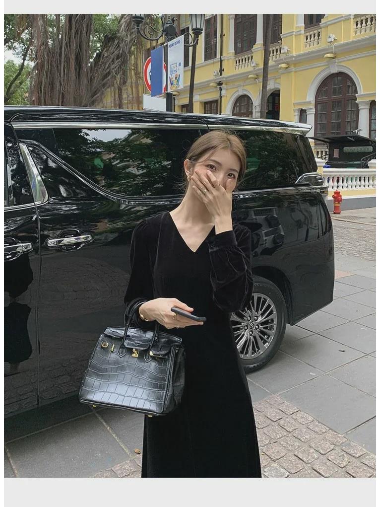 Комплект из черного бархатного платья и пальто в стиле Хепберн для женщин - вечерняя одежда осень/зима