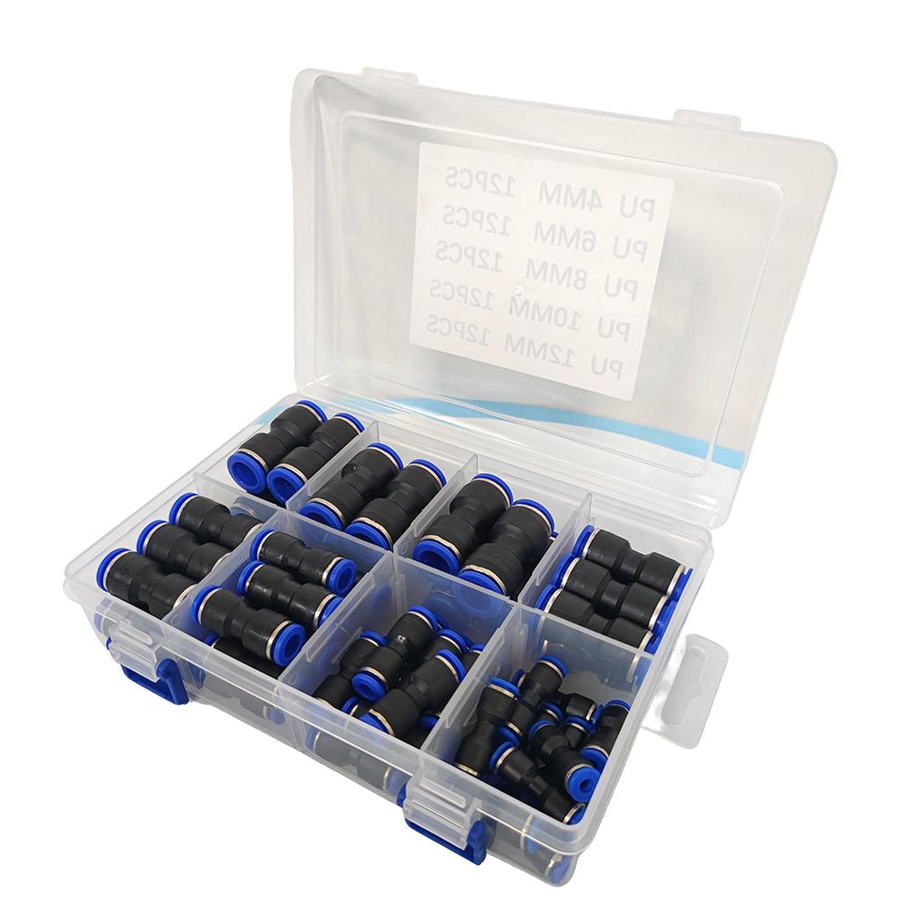 60PCS Pneumatic Straight Push Connectors Kit PU-4/6/8/10/12mm Air Hose Quick Connect Fittings Set