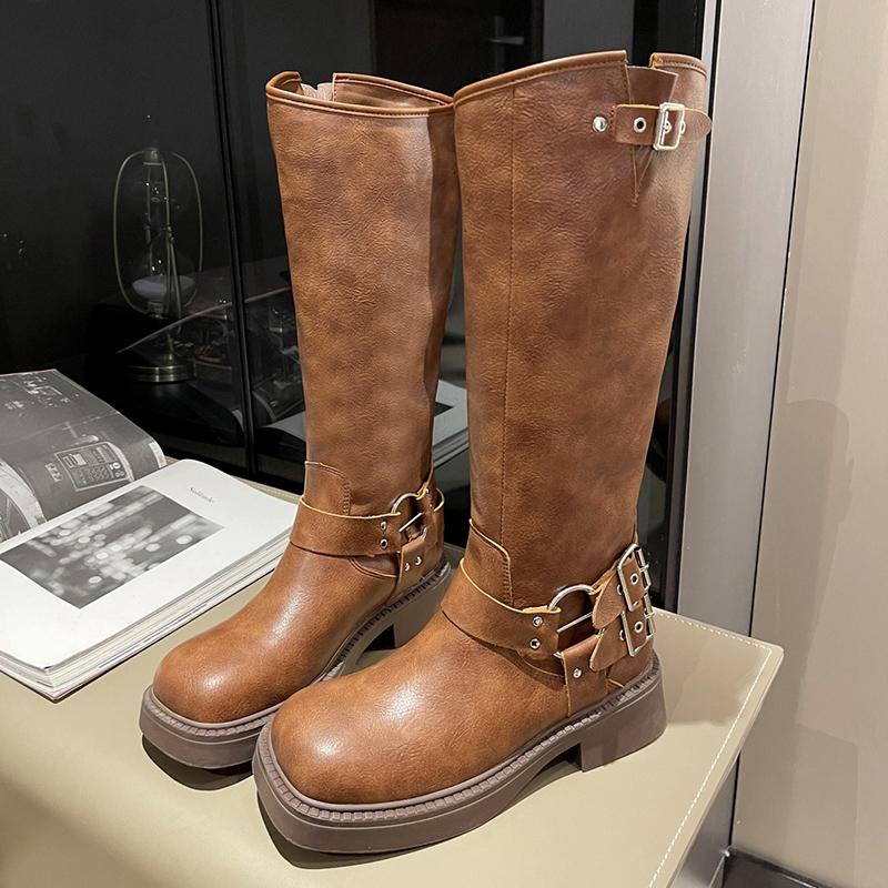Модные винтажные ковбойские сапоги с пряжкой, женские сапоги до колена на платформе с носком из искусственной кожи, на среднем каблуке, длинные ботинки