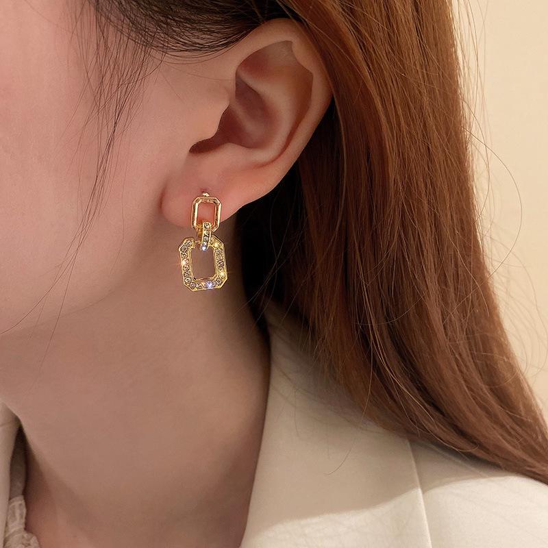 Diamond-Studded Geometric Silver Needle Earrings - Minimalist French Luxury for Women