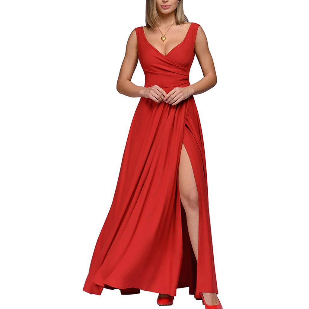 Женское модное однотонное платье с v-образным вырезом и талией без рукавов, официальное платье