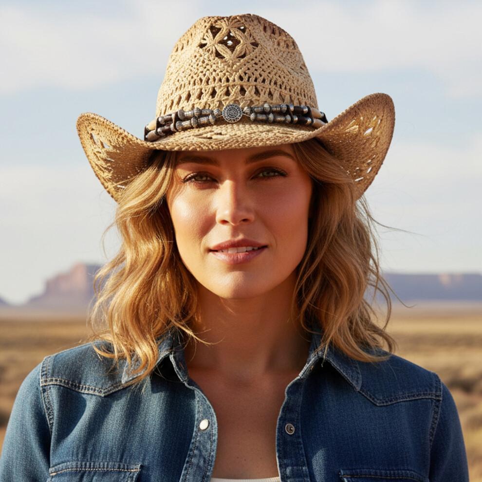 (L, Khaki) Cowgirl Hats for Women Men Outdoor Western Hat Wide Brim Straw Sun Hat with Beaded Ropes