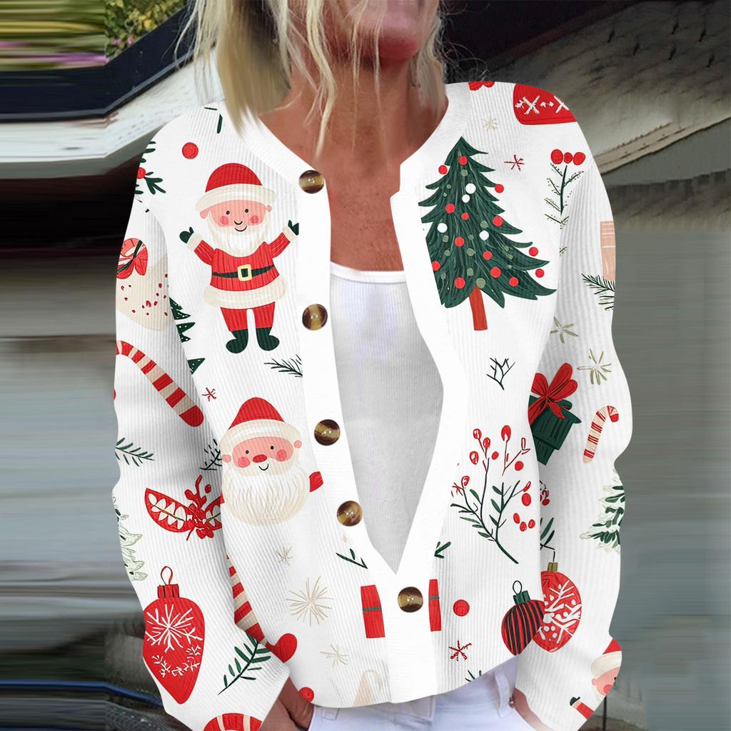 Women's Fashion Long Sleeve Christmas Snowman Snowflake Print Jacket Cardigan