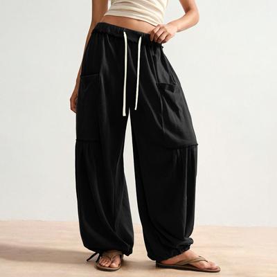 Женские Модные Свободные Однотонные Брюки Кэжуал с Эластичной Талией, Карманами и Прямыми Штанинами