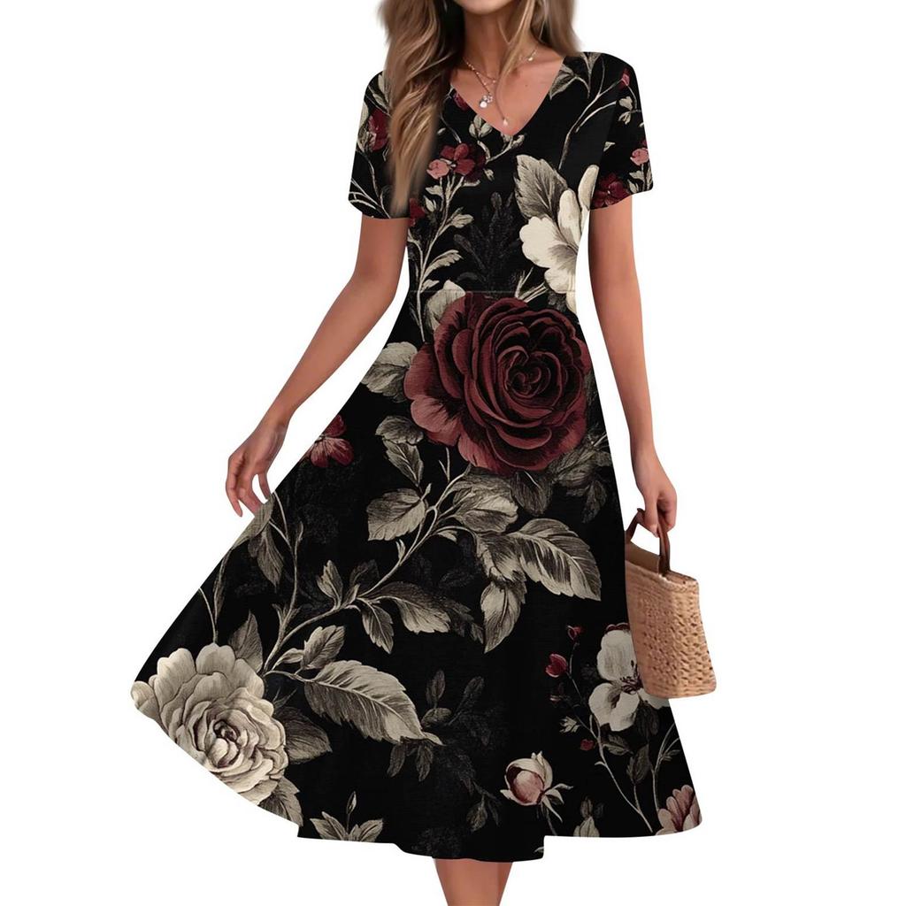 Women's Summer Casual Fashion Print Pocket Short Sleeve V-Neck Swing Dress