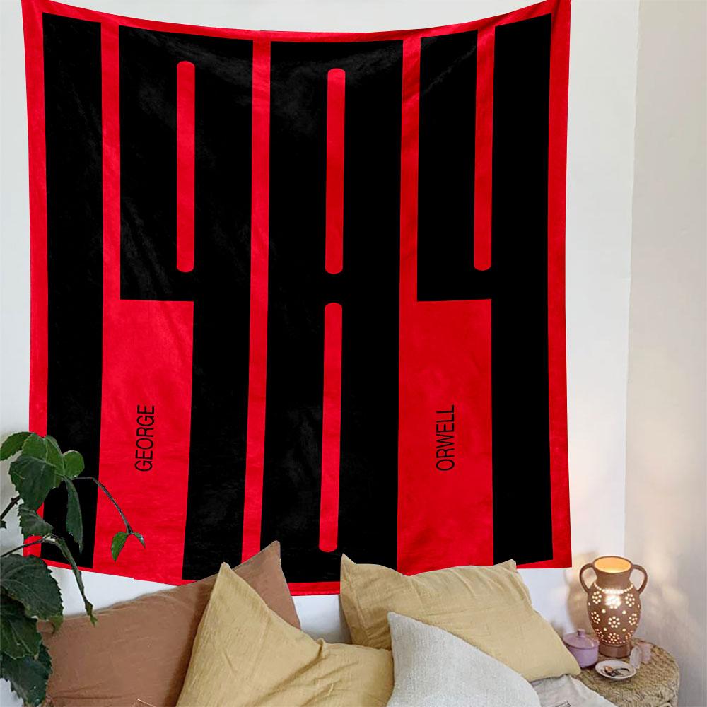 Bold black numbers "1984" on a red background with vertical names. Patterned tapestry for bedroom and living room home decor