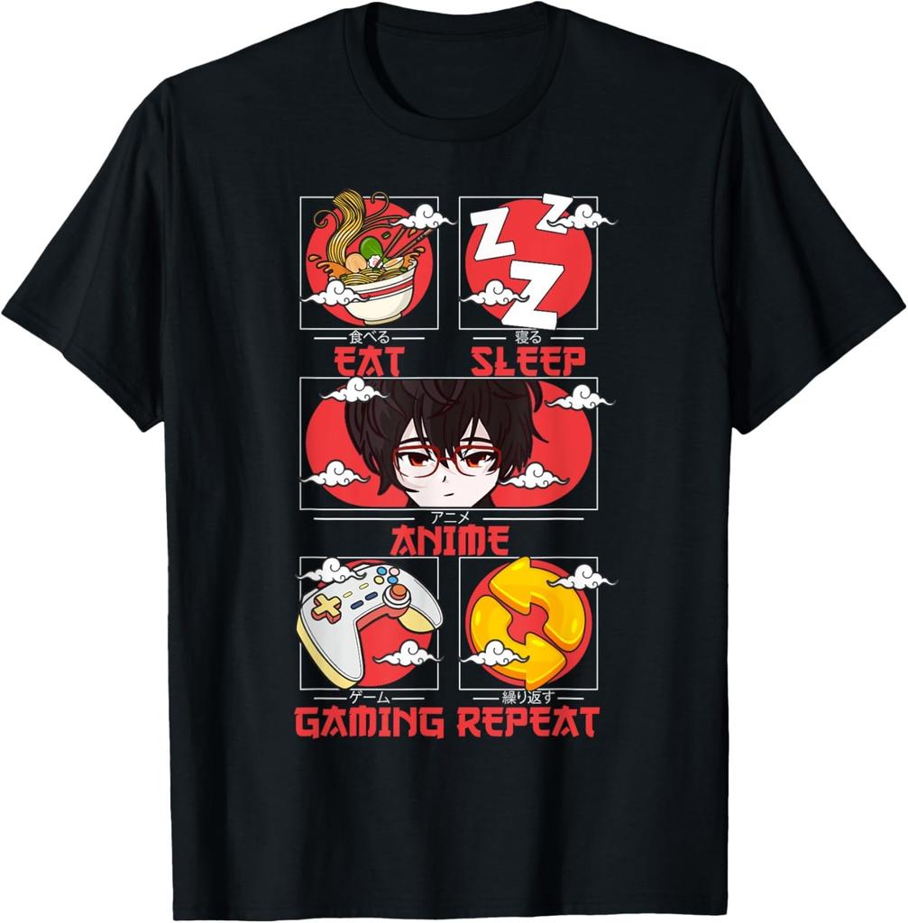Eat Sleep Anime Gaming Repeat Kawaii Otaku Anime Unisexga Custom Printed Graphic T Shirts Customizable Graphic Loose Soft TShirts