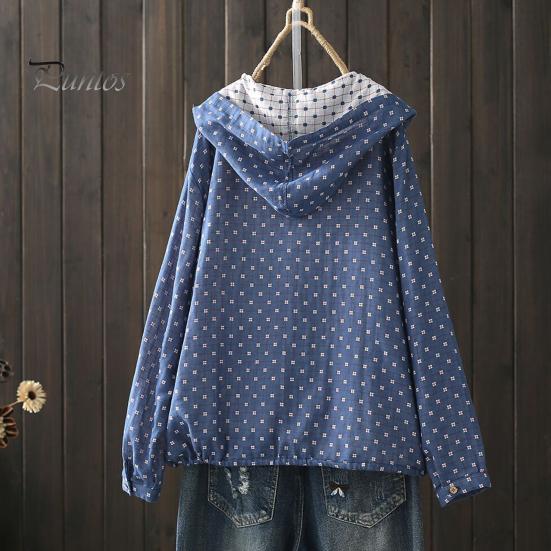 Women Spring Autumn Coat Hooded Drawstring Hem Long Sleeve Printing Loose Zipper Closure Jacket with Pockets Daily Wear Commuting Outerwear