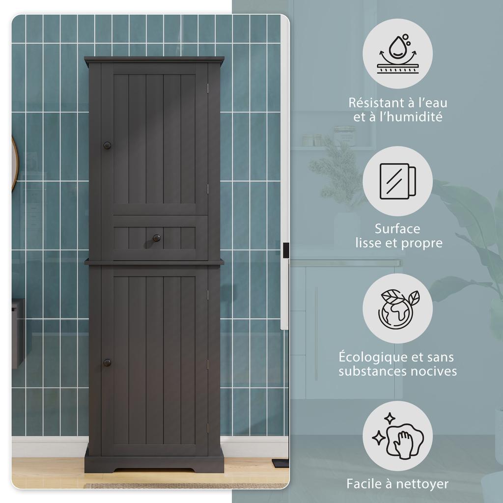56 X 28 x 167.3cm bathroom cabinet, finished moisture-resistant lacquer, upper and lower cabinets + middle drawer, adjustable shelves, black handles.
