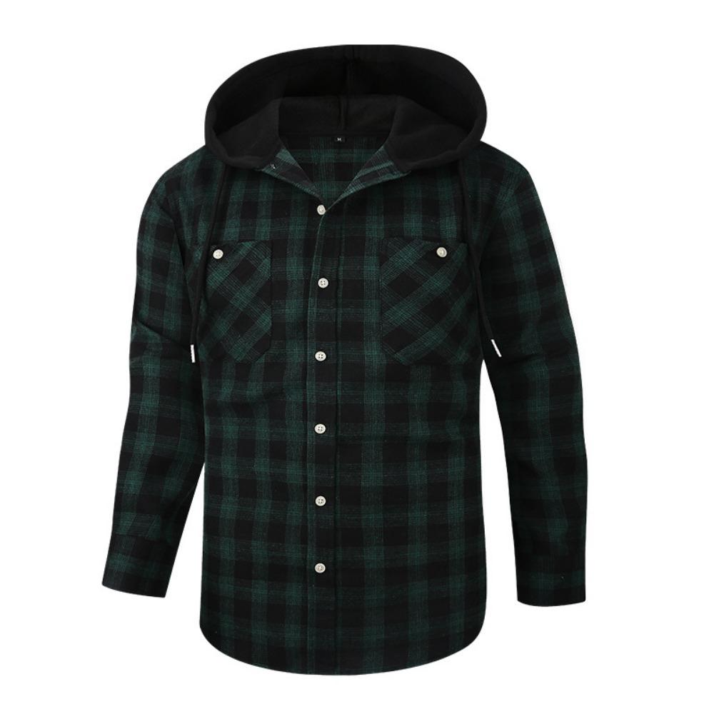 New Hooded Men's Plaid Shirts Long Sleeved Casual Flannel Loose Coat Fashion Street Style Men's Sports Shirt Jacket Male Clothes