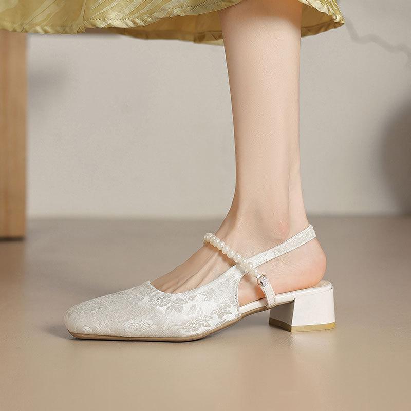 Фея ветер квадратный носок толстый каблук с сумкой голова сандалии лето новый маленький ароматный ветер жемчуг Мэри Джейн туфли