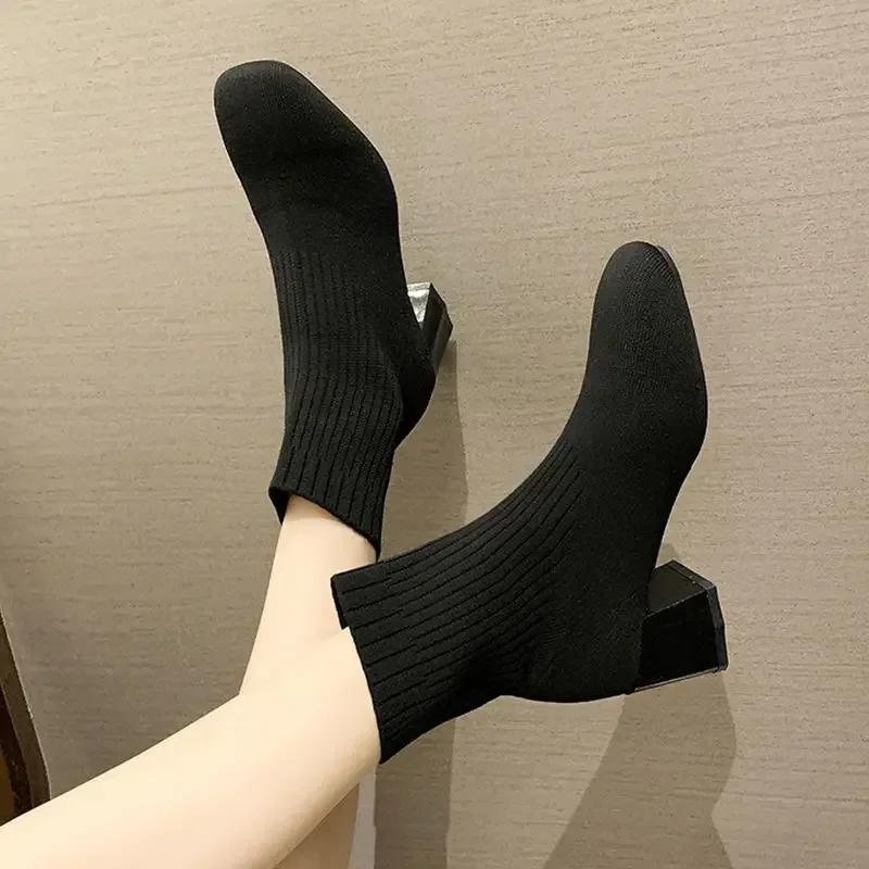 Fashion Booties Elastic Footwear White Heeled Very High Heels Short Shoes For Women Sock Female Ankle Boots With Young On Sale New In Pu