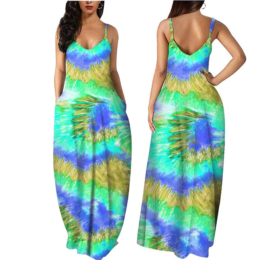 Women Gradient Tie-Dye Sleeveless V Neck Maxi Dress Sundress Beach Long Dres