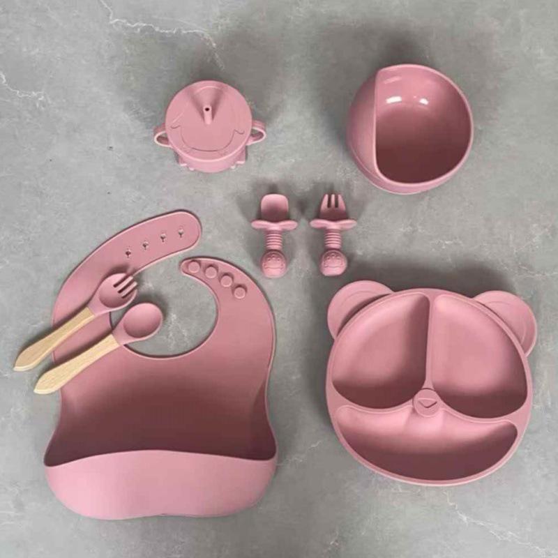 Silicone Baby Tableware: 8-Piece Set with Suction Plate & Bowl