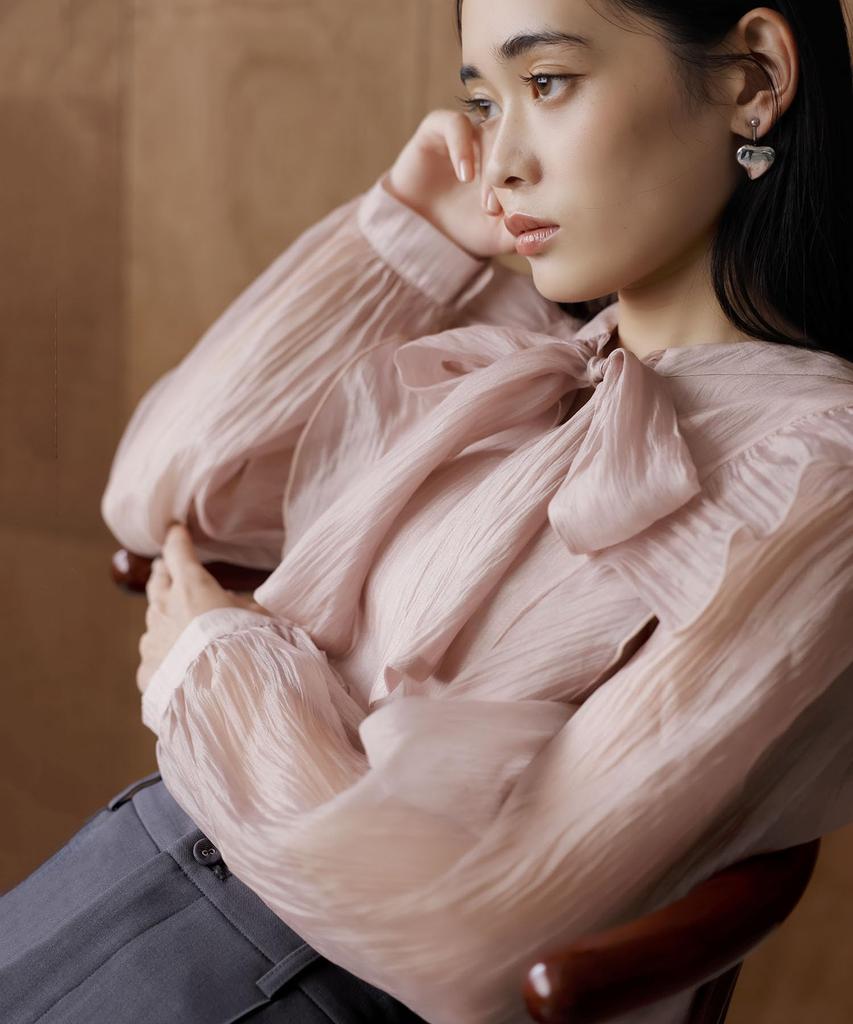 Bis Sheer Ribbon Long Sleeve Pink Women's Blouse, (63)