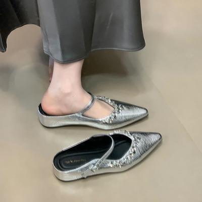 Увеличивающие рост серебристые туфли-шлепанцы с сумкой на голову 2025 весна новые туфли-лодочки с острым носом и стразами женские шлепанцы на платформе