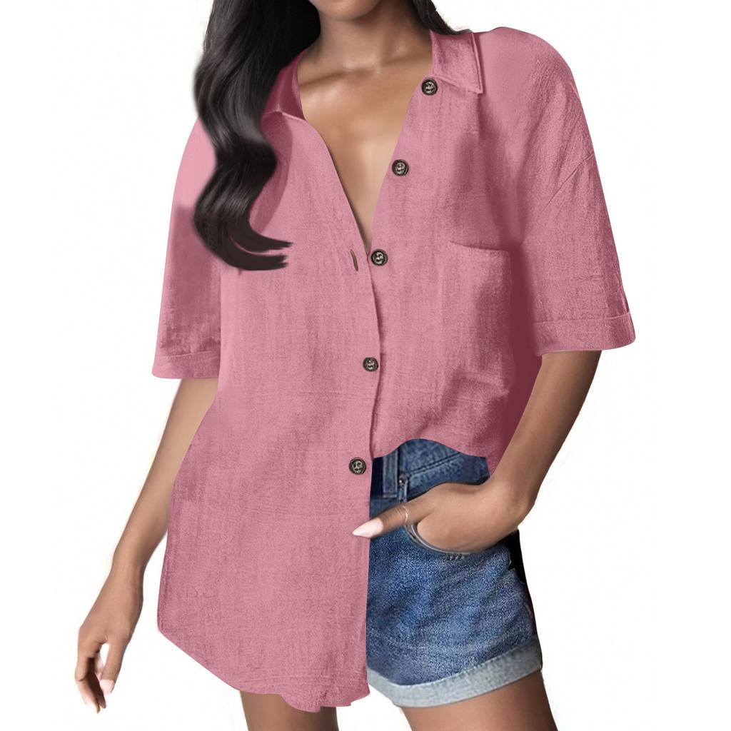Женская однотонная рубашка свободного покроя из хлопка и льна с коротким рукавом и застежкой на пуговицы, с карманом