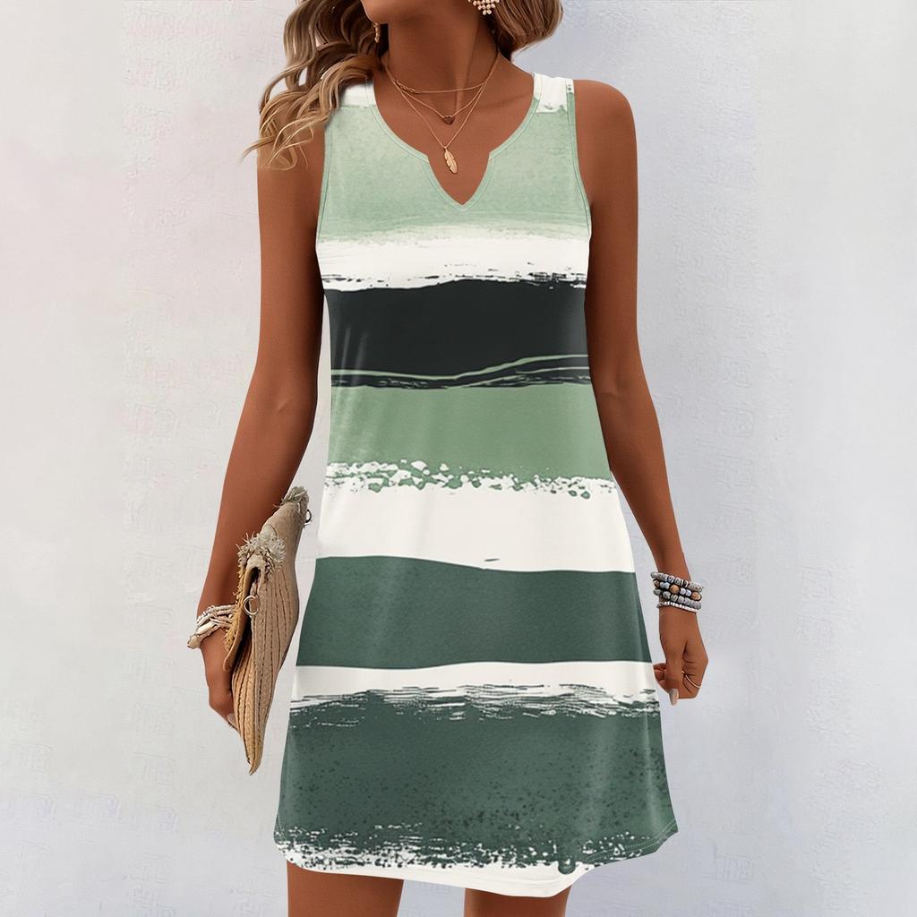 Women Summer Dresses V-Neck Print Sleeveless Sundress Casual Dress