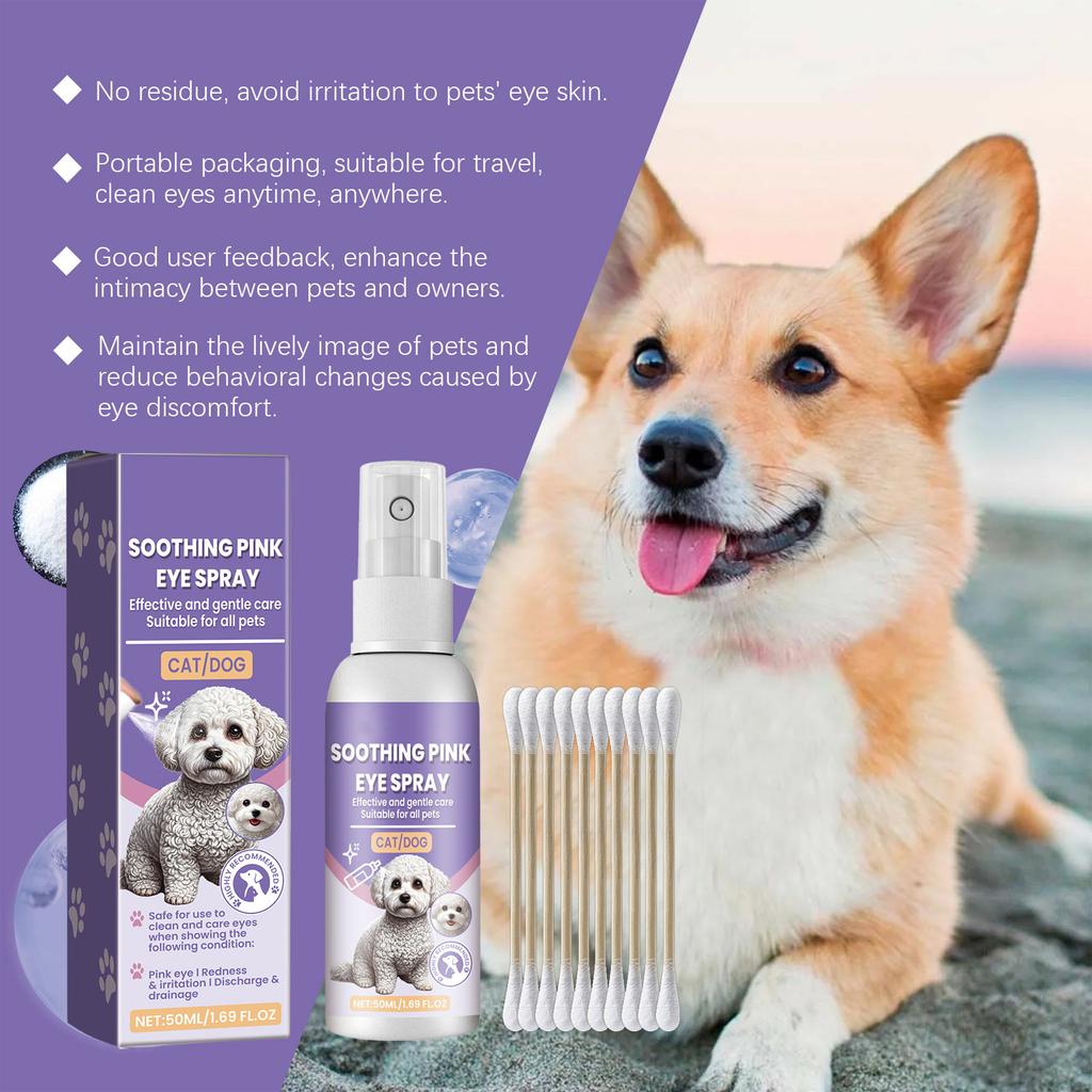 Успокаивающий спрей для глаз домашних животных Успокаивает дискомфорт в глазах, очищает, ухаживает и увлажняет Освежающий спрей для глаз домашних животных 50 мл