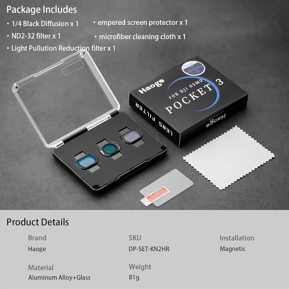 Haoge Magnetic Filter Set for DJI Osmo Pocket 3, includes 1/4 Black Diffuse, Light Pulse Reduction Filter, Variable ND 2-32, LCD Screen Protector, and