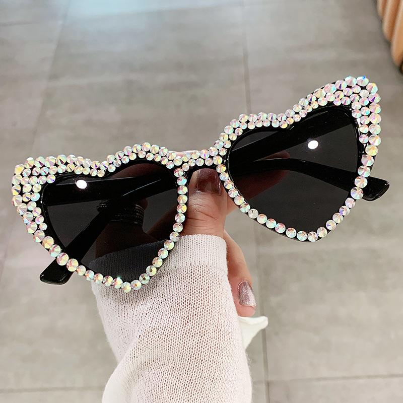 Retro Large Frame Diamond Set Sunglasses Peach Heart Love Sunglasses Women's Metal Hinge Personality Glasses