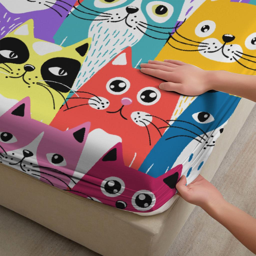 3 шт. Цветные кошки Простыня на резинке Мультяшный узор с кошками 3D-печать Подарки для студентов Девочек 100% Полиэстер Обычная простыня С наволочками