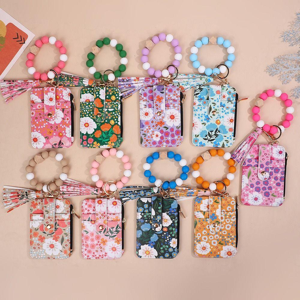 Boho Style Silicone Bead Bracelet Keychain Fragmented Design Leather Card Bag Keychain Travel