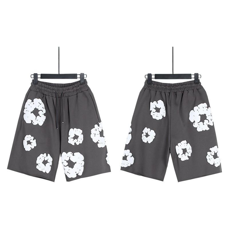 Men Women Streetwear Oversized Denim Shorts With Cotton Puff Floral Print Loose Fit Short Pants