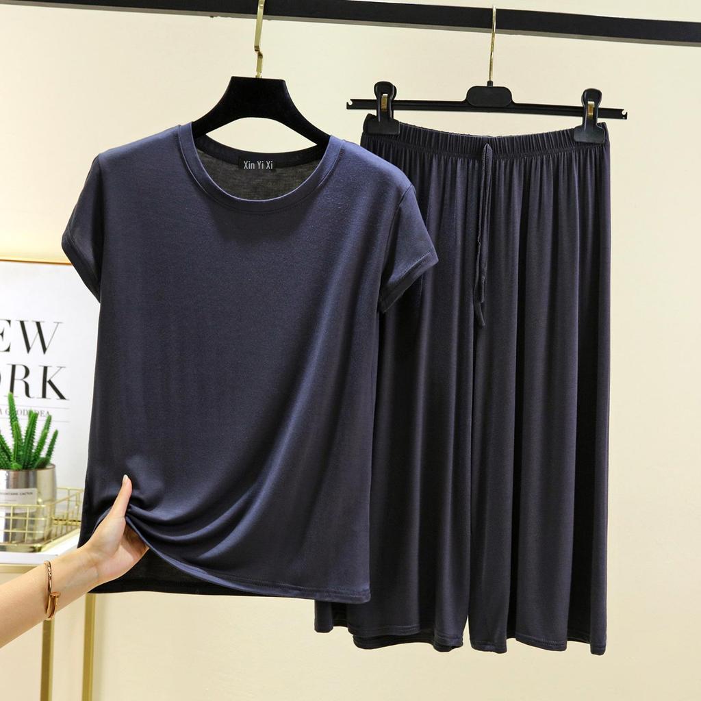 Женский повседневный комплект больших размеров из модала с коротким рукавом - Корейский стиль, брюки с широкими штанинами, двухпредметная домашняя одежда
