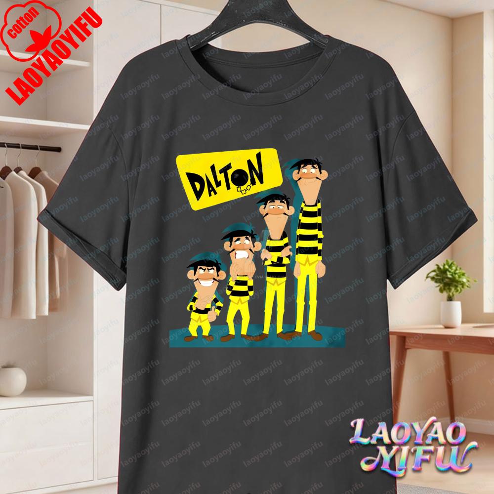 Dalton Brothers Cartoon Print Unisex Cotton TShirt Lucky Luke Summer Casual Tee for Unisex Women Trendy Family Matching Outfits