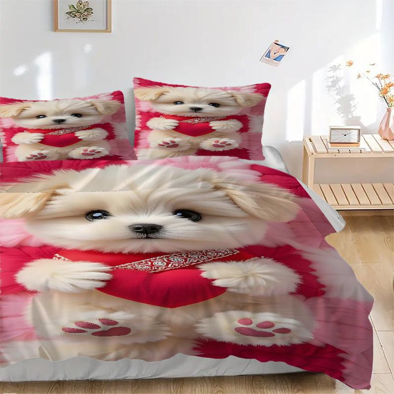 3pcs Anime Cute Dog Heart Pillowcase Set - Includes One Quilt Cover and Two Pillowcases (No Core) - Polyester Fabric, Perfect for Bedroom and Gue