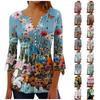 Рубашки с рукавами 3/4 лепестка для женщин, футболки, блузки, повседневные базовые топы, пуловер со складками и пуговицами с принтом